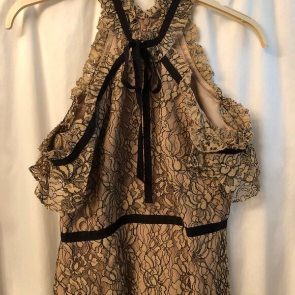 SHOSHANNA Nude Aleah Lace Cold Shoulder Dress 2 Beige Black Tie Bow - Picture 5 of 7